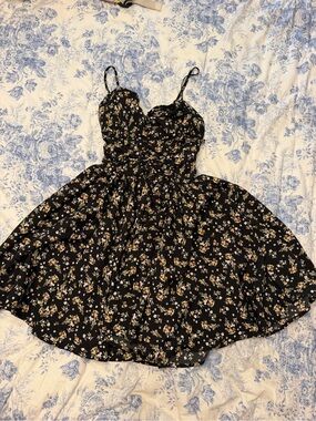 RSQ Black Floral A-Line Dress with Cream and Tan Blooms